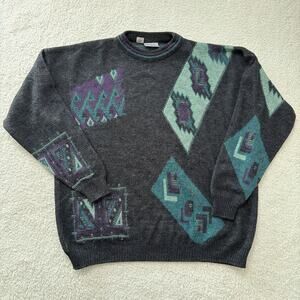 Vintage Cambio Italia Geometric Wool Crewneck Sweater Made In Italy L XL 80s 90s